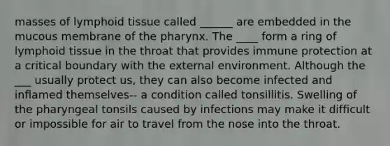 masses of lymphoid tissue called ______ are embedded in the mucous membrane of the pharynx. The ____ form a ring of lymphoid tissue in the throat that provides immune protection at a critical boundary with the external environment. Although the ___ usually protect us, they can also become infected and inflamed themselves-- a condition called tonsillitis. Swelling of the pharyngeal tonsils caused by infections may make it difficult or impossible for air to travel from the nose into the throat.