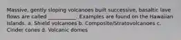 Massive, gently sloping volcanoes built successive, basaltic lave flows are called ___________. Examples are found on the Hawaiian Islands. a. Shield volcanoes b. Composite/Stratovolcanoes c. Cinder cones d. Volcanic domes