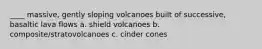 ____ massive, gently sloping volcanoes built of successive, basaltic lava flows a. shield volcanoes b. composite/stratovolcanoes c. cinder cones