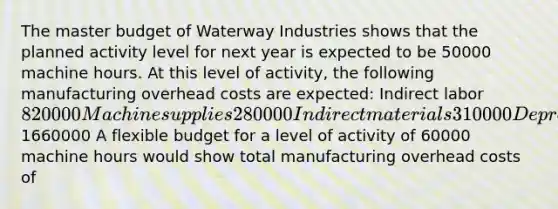 The master budget of Waterway Industries shows that the planned activity level for next year is expected to be 50000 machine hours. At this level of activity, the following manufacturing overhead costs are expected: Indirect labor 820000 Machine supplies 280000 Indirect materials 310000 Depreciation on factory building 250000 Total manufacturing overhead1660000 A flexible budget for a level of activity of 60000 machine hours would show total manufacturing overhead costs of