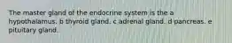 The master gland of the endocrine system is the a hypothalamus. b thyroid gland. c adrenal gland. d pancreas. e pituitary gland.