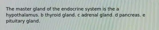 The master gland of the endocrine system is the a hypothalamus. b thyroid gland. c adrenal gland. d pancreas. e pituitary gland.