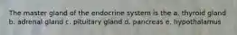 The master gland of the endocrine system is the a. thyroid gland b. adrenal gland c. pituitary gland d. pancreas e. hypothalamus