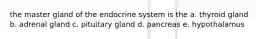 the master gland of the endocrine system is the a. thyroid gland b. adrenal gland c. pituitary gland d. pancreas e. hypothalamus