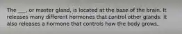 The ___, or master gland, is located at the base of the brain. It releases many different hormones that control other glands. It also releases a hormone that controls how the body grows.