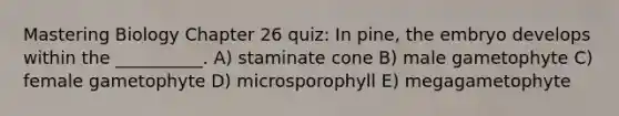 Mastering Biology Chapter 26 quiz: In pine, the embryo develops within the __________. A) staminate cone B) male gametophyte C) female gametophyte D) microsporophyll E) megagametophyte