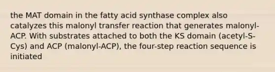 the MAT domain in the fatty acid synthase complex also catalyzes this malonyl transfer reaction that generates malonyl-ACP. With substrates attached to both the KS domain (acetyl-S-Cys) and ACP (malonyl-ACP), the four-step reaction sequence is initiated