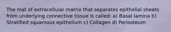 The mat of extracellular matrix that separates epithelial sheets from underlying connective tissue is called: a) Basal lamina b) Stratified squamous epithelium c) Collagen d) Periosteum