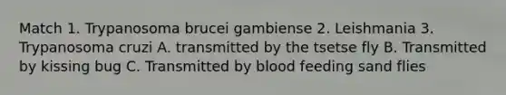 Match 1. Trypanosoma brucei gambiense 2. Leishmania 3. Trypanosoma cruzi A. transmitted by the tsetse fly B. Transmitted by kissing bug C. Transmitted by blood feeding sand flies