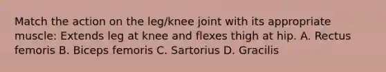 Match the action on the leg/knee joint with its appropriate muscle: Extends leg at knee and flexes thigh at hip. A. Rectus femoris B. Biceps femoris C. Sartorius D. Gracilis