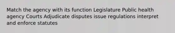 Match the agency with its function Legislature Public health agency Courts Adjudicate disputes issue regulations interpret and enforce statutes