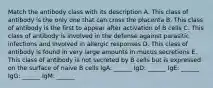 Match the antibody class with its description A. This class of antibody is the only one that can cross the placenta B. This class of antibody is the first to appear after activation of B cells C. This class of antibody is involved in the defense against parasitic infections and involved in allergic responses D. This class of antibody is found in very large amounts in mucus secretions E. This class of antibody is not secreted by B cells but is expressed on the surface of naive B cells IgA: ______ IgD: ______ IgE: ______ IgG: ______ IgM: ______