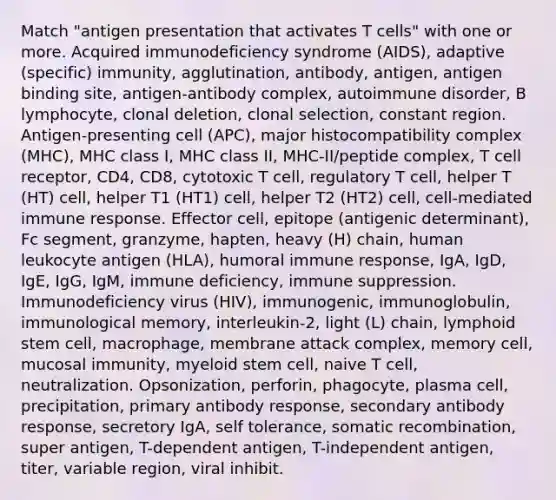 Match "antigen presentation that activates T cells" with one or more. Acquired immunodeficiency syndrome (AIDS), adaptive (specific) immunity, agglutination, antibody, antigen, antigen binding site, antigen-antibody complex, autoimmune disorder, B lymphocyte, clonal deletion, clonal selection, constant region. Antigen-presenting cell (APC), major histocompatibility complex (MHC), MHC class I, MHC class II, MHC-II/peptide complex, T cell receptor, CD4, CD8, cytotoxic T cell, regulatory T cell, helper T (HT) cell, helper T1 (HT1) cell, helper T2 (HT2) cell, cell-mediated immune response. Effector cell, epitope (antigenic determinant), Fc segment, granzyme, hapten, heavy (H) chain, human leukocyte antigen (HLA), humoral immune response, IgA, IgD, IgE, IgG, IgM, immune deficiency, immune suppression. Immunodeficiency virus (HIV), immunogenic, immunoglobulin, immunological memory, interleukin-2, light (L) chain, lymphoid stem cell, macrophage, membrane attack complex, memory cell, mucosal immunity, myeloid stem cell, naive T cell, neutralization. Opsonization, perforin, phagocyte, plasma cell, precipitation, primary antibody response, secondary antibody response, secretory IgA, self tolerance, somatic recombination, super antigen, T-dependent antigen, T-independent antigen, titer, variable region, viral inhibit.