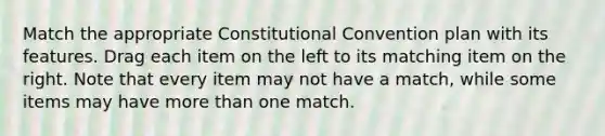 Match the appropriate Constitutional Convention plan with its features. Drag each item on the left to its matching item on the right. Note that every item may not have a match, while some items may have more than one match.