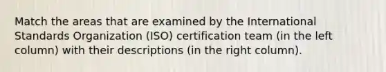 Match the areas that are examined by the International Standards Organization (ISO) certification team (in the left column) with their descriptions (in the right column).