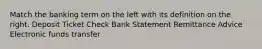 Match the banking term on the left with its definition on the right. Deposit Ticket Check Bank Statement Remittance Advice Electronic funds transfer