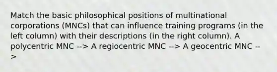 Match the basic philosophical positions of multinational corporations (MNCs) that can influence training programs (in the left column) with their descriptions (in the right column). A polycentric MNC --> A regiocentric MNC --> A geocentric MNC -->