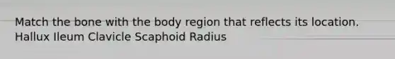 Match the bone with the body region that reflects its location. Hallux Ileum Clavicle Scaphoid Radius