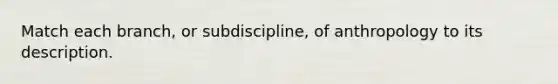 Match each branch, or subdiscipline, of anthropology to its description.