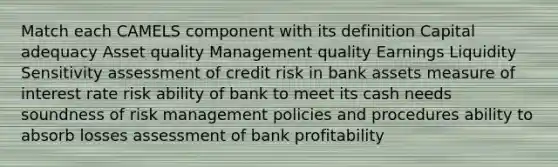 Match each CAMELS component with its definition Capital adequacy Asset quality Management quality Earnings Liquidity Sensitivity assessment of credit risk in bank assets measure of interest rate risk ability of bank to meet its cash needs soundness of risk management policies and procedures ability to absorb losses assessment of bank profitability