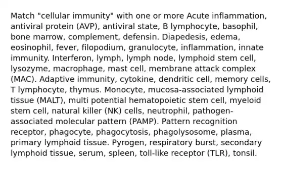 Match "cellular immunity" with one or more Acute inflammation, antiviral protein (AVP), antiviral state, B lymphocyte, basophil, bone marrow, complement, defensin. Diapedesis, edema, eosinophil, fever, filopodium, granulocyte, inflammation, innate immunity. Interferon, lymph, lymph node, lymphoid stem cell, lysozyme, macrophage, mast cell, membrane attack complex (MAC). Adaptive immunity, cytokine, dendritic cell, memory cells, T lymphocyte, thymus. Monocyte, mucosa-associated lymphoid tissue (MALT), multi potential hematopoietic stem cell, myeloid stem cell, natural killer (NK) cells, neutrophil, pathogen-associated molecular pattern (PAMP). Pattern recognition receptor, phagocyte, phagocytosis, phagolysosome, plasma, primary lymphoid tissue. Pyrogen, respiratory burst, secondary lymphoid tissue, serum, spleen, toll-like receptor (TLR), tonsil.