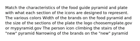 Match the characteristics of the food guide pyramid and plate with what each section of the icons are designed to represent. The various colors Width of the brands on the food pyramid and the size of the sections of the plate the logo choosemyplate.gov or mypyramid.gov The person icon climbing the stairs of the "new" pyramid Narrowing of the brands on the "new" pyramid