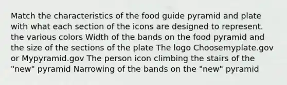 Match the characteristics of the food guide pyramid and plate with what each section of the icons are designed to represent. the various colors Width of the bands on the food pyramid and the size of the sections of the plate The logo Choosemyplate.gov or Mypyramid.gov The person icon climbing the stairs of the "new" pyramid Narrowing of the bands on the "new" pyramid