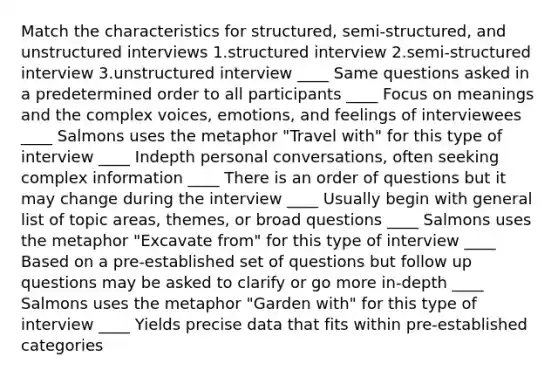 Match the characteristics for structured, semi-structured, and unstructured interviews 1.structured interview 2.semi-structured interview 3.unstructured interview ____ Same questions asked in a predetermined order to all participants ____ Focus on meanings and the complex voices, emotions, and feelings of interviewees ____ Salmons uses the metaphor "Travel with" for this type of interview ____ Indepth personal conversations, often seeking complex information ____ There is an order of questions but it may change during the interview ____ Usually begin with general list of topic areas, themes, or broad questions ____ Salmons uses the metaphor "Excavate from" for this type of interview ____ Based on a pre-established set of questions but follow up questions may be asked to clarify or go more in-depth ____ Salmons uses the metaphor "Garden with" for this type of interview ____ Yields precise data that fits within pre-established categories