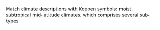 Match climate descriptions with Koppen symbols: moist, subtropical mid-latitude climates, which comprises several sub-types