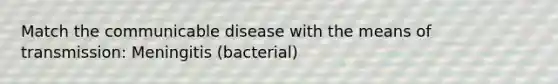 Match the communicable disease with the means of transmission: Meningitis (bacterial)