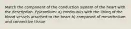 Match the component of the conduction system of the heart with the description. Epicardium: a) continuous with the lining of the blood vessels attached to the heart b) composed of mesothelium and connective tissue