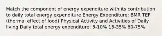 Match the component of energy expenditure with its contribution to daily total energy expenditure Energy Expenditure: BMR TEF (thermal effect of food) Physical Activity and Activities of Daily living Daily total energy expenditure: 5-10% 15-35% 60-75%