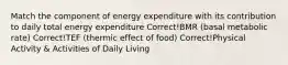 Match the component of energy expenditure with its contribution to daily total energy expenditure Correct!BMR (basal metabolic rate) Correct!TEF (thermic effect of food) Correct!Physical Activity & Activities of Daily Living