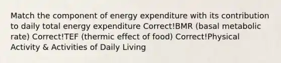 Match the component of energy expenditure with its contribution to daily total energy expenditure Correct!BMR (basal metabolic rate) Correct!TEF (thermic effect of food) Correct!Physical Activity & Activities of Daily Living