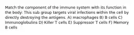 Match the component of the immune system with its function in the body: This sub group targets viral infections within the cell by directly destroying the antigens. A) macrophages B) B cells C) Immunoglobulins D) Killer T cells E) Suppressor T cells F) Memory B cells