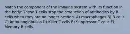 Match the component of the immune system with its function in the body: These T cells stop the production of antibodies by B cells when they are no longer needed. A) macrophages B) B cells C) Immunoglobulins D) Killer T cells E) Suppressor T cells F) Memory B cells