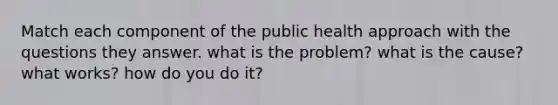 Match each component of the public health approach with the questions they answer. what is the problem? what is the cause? what works? how do you do it?