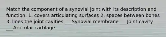 Match the component of a synovial joint with its description and function. 1. covers articulating surfaces 2. spaces between bones 3. lines the joint cavities ___Synovial membrane ___Joint cavity ___Articular cartilage