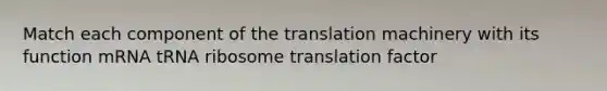 Match each component of the translation machinery with its function mRNA tRNA ribosome translation factor