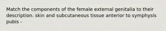 Match the components of the female external genitalia to their description. skin and subcutaneous tissue anterior to symphysis pubis -