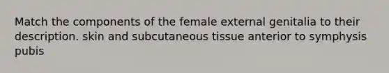 Match the components of the female external genitalia to their description. skin and subcutaneous tissue anterior to symphysis pubis