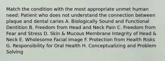 Match the condition with the most appropriate unmet human need: Patient who does not understand the connection between plaque and dental caries A. Biologically Sound and Functional Dentition B. Freedom from Head and Neck Pain C. Freedom from Fear and Stress D. Skin & Mucous Membrane Integrity of Head & Neck E. Wholesome Facial Image F. Protection from Health Risks G. Responsibility for Oral Health H. Conceptualizing and Problem Solving