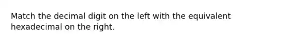 Match the decimal digit on the left with the equivalent hexadecimal on the right.