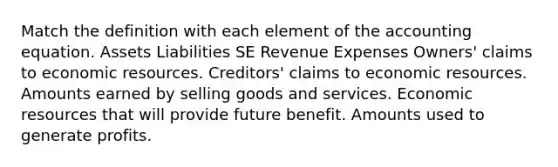 Match the definition with each element of the accounting equation. Assets Liabilities SE Revenue Expenses Owners' claims to economic resources. Creditors' claims to economic resources. Amounts earned by selling goods and services. Economic resources that will provide future benefit. Amounts used to generate profits.