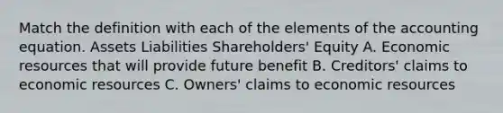 Match the definition with each of the elements of <a href='https://www.questionai.com/knowledge/k7UJ6J5ODQ-the-accounting-equation' class='anchor-knowledge'>the accounting equation</a>. Assets Liabilities Shareholders' Equity A. Economic resources that will provide future benefit B. Creditors' claims to economic resources C. Owners' claims to economic resources