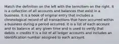 Match the definition on the left with the term/item on the right. It is a collection of all accounts and balances that exist in a business. It is a book of original entry that includes a chronological record of all transactions that have occurred within a business during a period occurred. It is a list of each account and its balance at any given time and is used to verify that debits = credits It is a list of all ledger accounts and includes an identification number assigned to each account