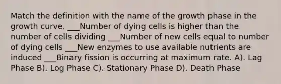 Match the definition with the name of the growth phase in the growth curve. ___Number of dying cells is higher than the number of cells dividing ___Number of new cells equal to number of dying cells ___New enzymes to use available nutrients are induced ___Binary fission is occurring at maximum rate. A). Lag Phase B). Log Phase C). Stationary Phase D). Death Phase