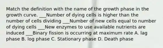 Match the definition with the name of the growth phase in the growth curve. ___Number of dying cells is higher than the number of cells dividing ___Number of new cells equal to number of dying cells ___New enzymes to use available nutrients are induced ___Binary fission is occurring at maximum rate A. lag phase B. log phase C. Stationary phase D. Death phase