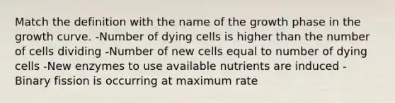 Match the definition with the name of the growth phase in the growth curve. -Number of dying cells is higher than the number of cells dividing -Number of new cells equal to number of dying cells -New enzymes to use available nutrients are induced -Binary fission is occurring at maximum rate