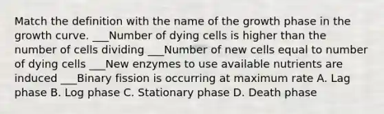 Match the definition with the name of the growth phase in the growth curve. ___Number of dying cells is higher than the number of cells dividing ___Number of new cells equal to number of dying cells ___New enzymes to use available nutrients are induced ___Binary fission is occurring at maximum rate A. Lag phase B. Log phase C. Stationary phase D. Death phase